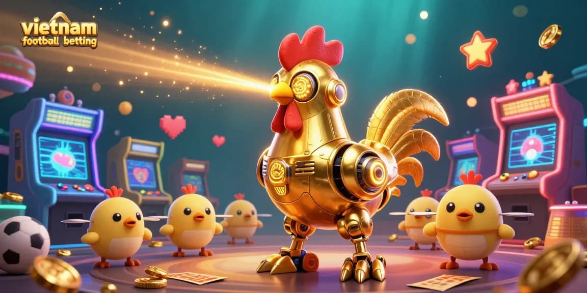 Engage in vibrant vietnam football betting with a golden rooster robot and arcade elements.