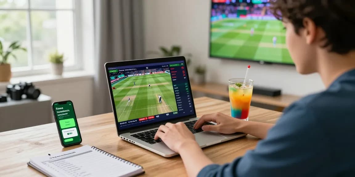 FairPlay user engaging in live cricket betting on a laptop with real-time notifications and match details in a vibrant home office.