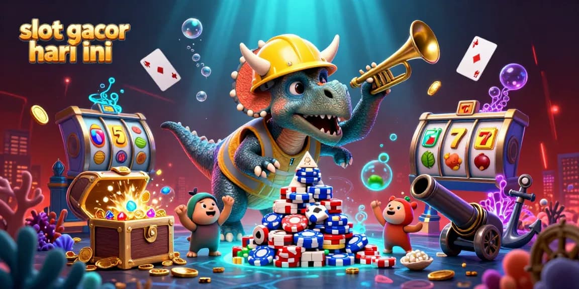 Experience slot gacor hari ini with joyful characters celebrating while building poker chip towers in a colorful casino adventure.