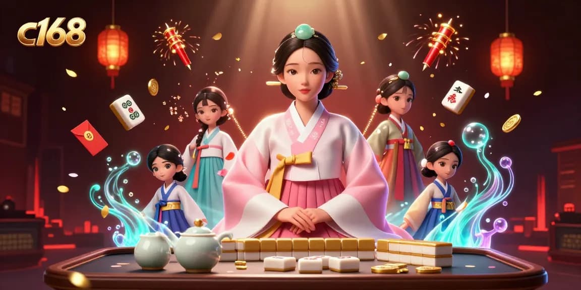 Experience the excitement of c168 as elegant Asian characters engage with vibrant mahjong tiles and festive elements.