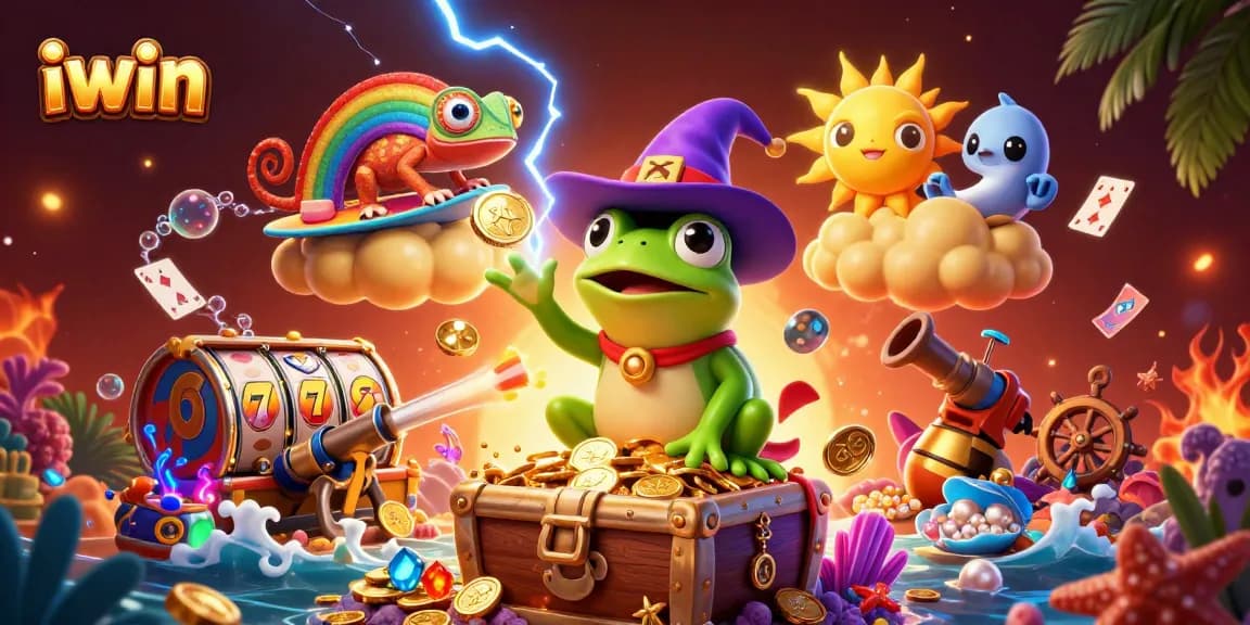 iwin showcases exciting gameplay with a cartoon wizard frog and chameleon amidst golden coins and slot elements