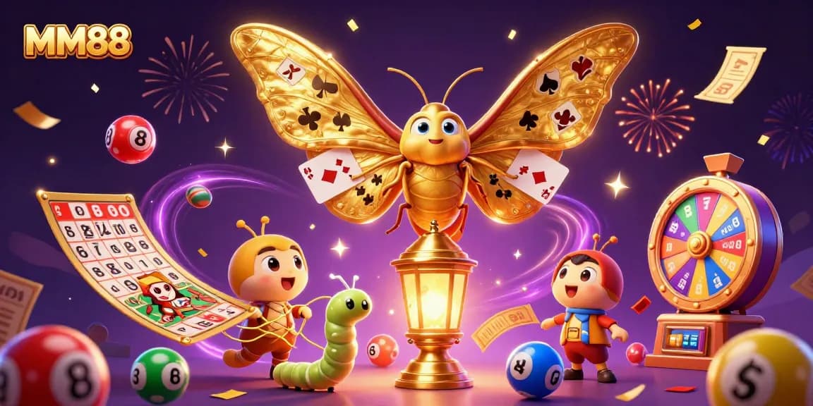 Experience MM88's vibrant casino world with a dazzling illustration of fun lottery games and festive elements.