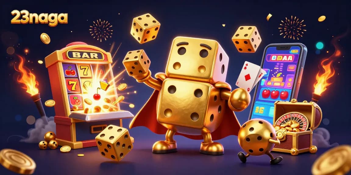 Experience the thrill of 23naga with golden dice and jackpot excitement in this vibrant digital scene.