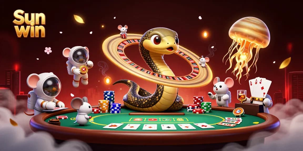 Engage in thrilling bets at Sun win with a cinematic 3D cosmic casino illustration featuring a roulette wheel snake.