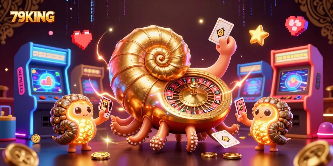 Spin the roulette wheel with 79KING in a vibrant 3D casino fantasy filled with gambling characters.