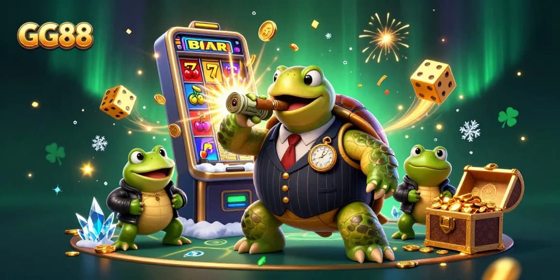 Experience the thrill of GG88 with a cartoon turtle mobster and jackpot chaos in a vibrant casino scene.