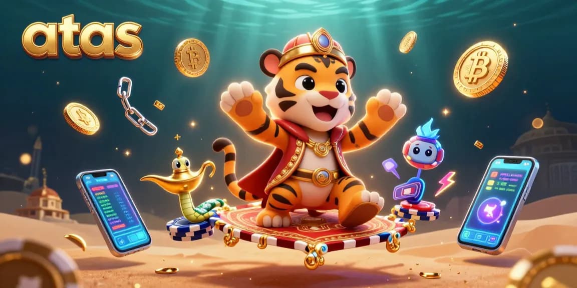 Experience exciting gaming at ATAS casino with a vibrant illustration of a sultan and genie among shimmering gold and crypto elements.