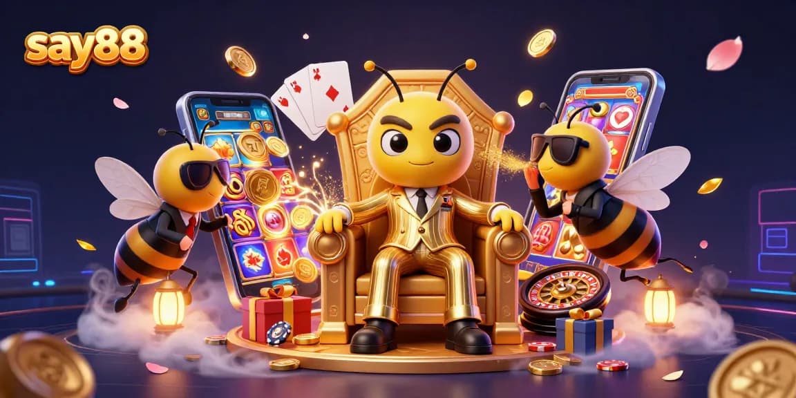 Engage with say88, the vibrant cartoon illustration featuring a bumblebee mob boss amidst dynamic gaming elements.
