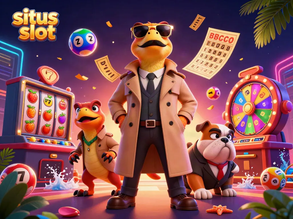 Join the fun at situs slot with cartoon raptors in disguise, surrounded by vibrant casino elements.