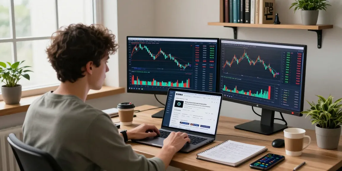 Отзыв о брокере BitMEX, трейдер в домашнем офисе анализирует графики и новости.