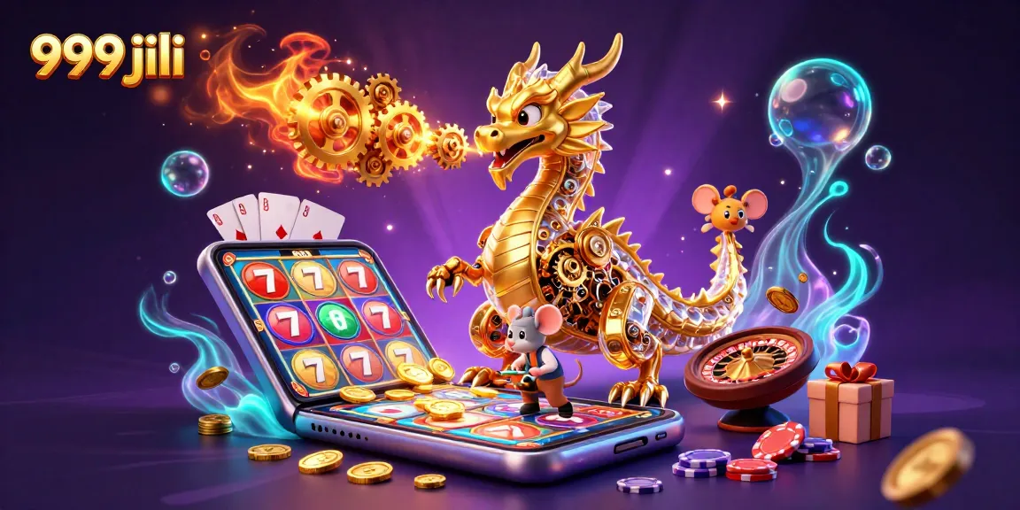 Experience the thrill of 999 jili as the golden dragon breathes gears amidst slot games and poker elements.