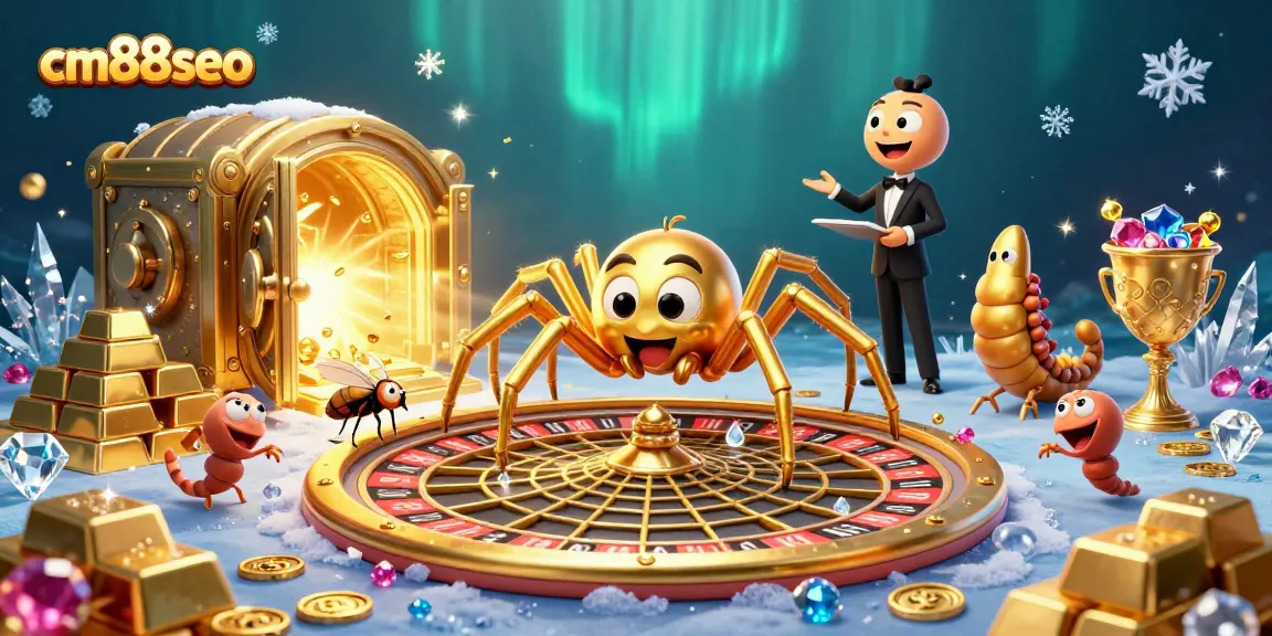 Bet and win big at cm88seo with a golden spider, roulette web, and dynamic characters.