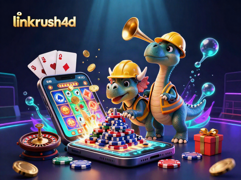 Piramida chip poker batu yang dibangun oleh triceratops, sambil merayakan link rush4d dengan kotak hadiah dan koin emas.