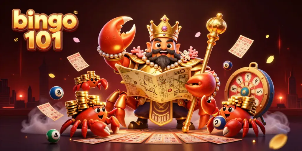 Bingo 101 illustration showcasing dynamic bingo balls, cards, and a golden crab emperor in a festive scene