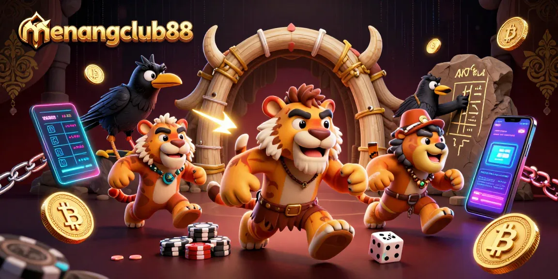 Experience the thrill of menangclub88 with a vibrant casino scene featuring a caveman and tiger duo.