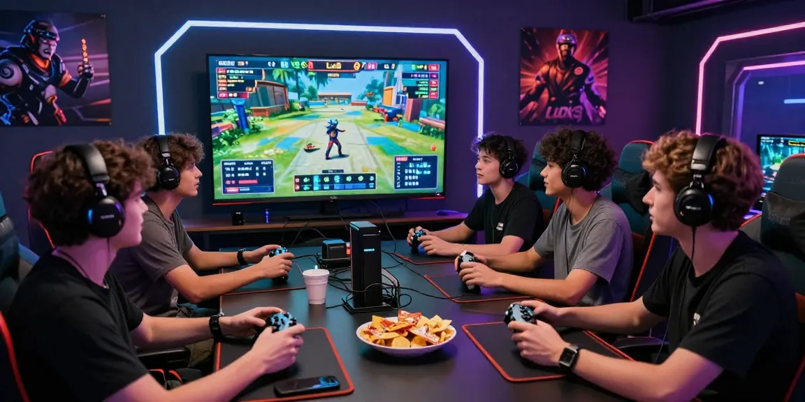 LUCK8 multiplayer gaming excitement with friends around a large screen, vibrant LED setup, and intense competition atmosphere.