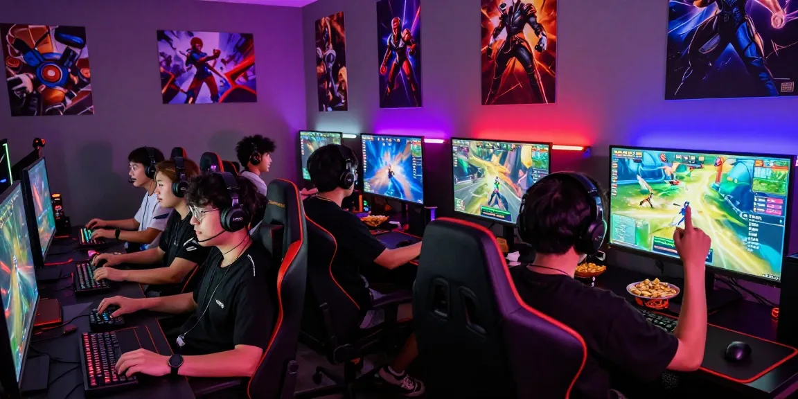 Permainan terjun4d dalam suasana ruang gaming yang dinamis dengan teman-teman bersemangat.