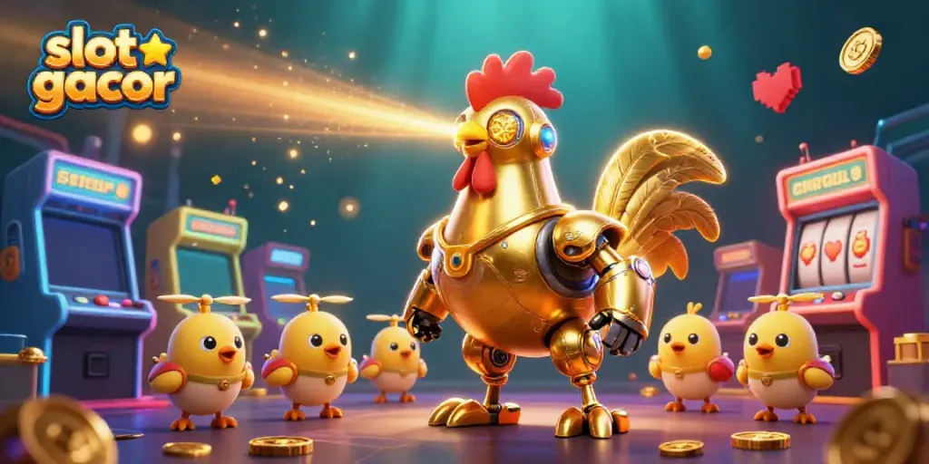 Engage in slot gacor excitement with a golden rooster robot and baby chicks amid vibrant gaming visuals.