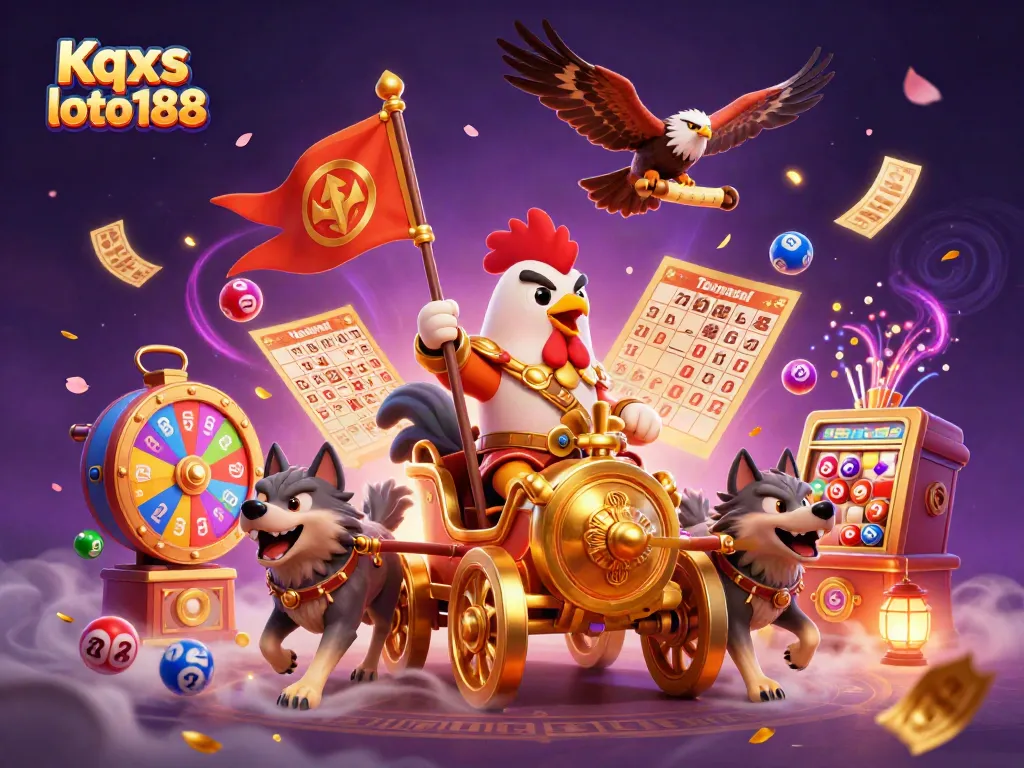 Kqxs loto188 showcases a dynamic lottery scene with a rooster warlord and colorful elements.