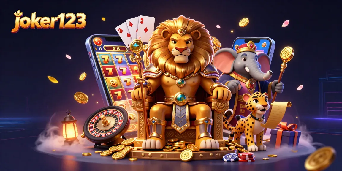 Permainan joker123 dengan singa raja, uang emas, dan simbol jackpot kini hidup.
