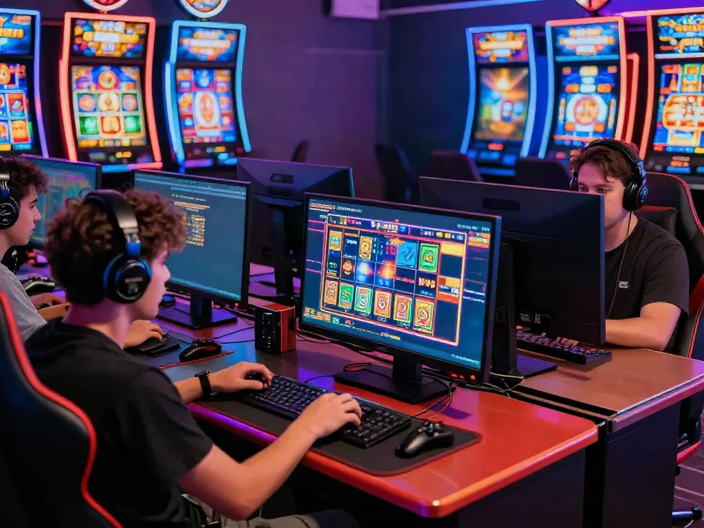 Experience akunjp online gaming excitement with players enjoying vibrant slot machines.