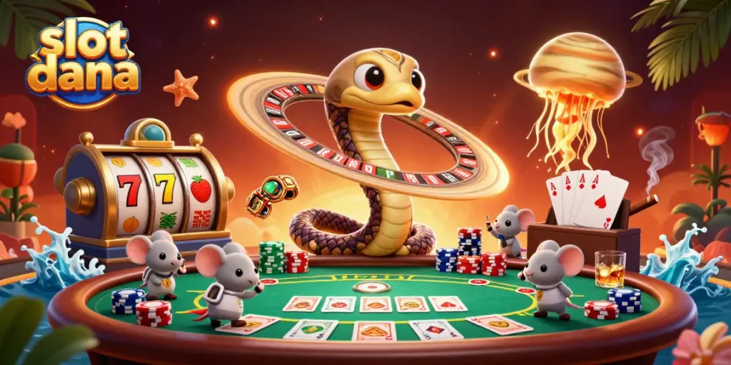 Mencoba keberuntungan di slot dana dengan slot yang menarik dan karakter unik dalam ilustrasi kasino digital.