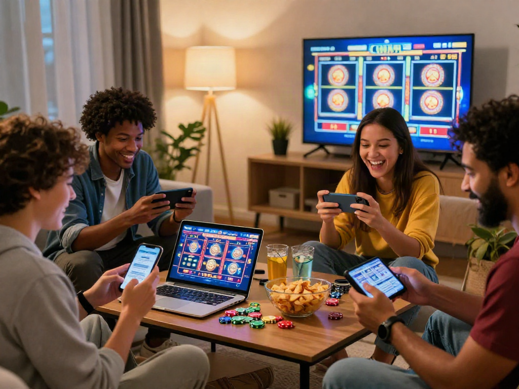Friends enjoying slot online games at home, vibrant atmosphere with snacks and devices