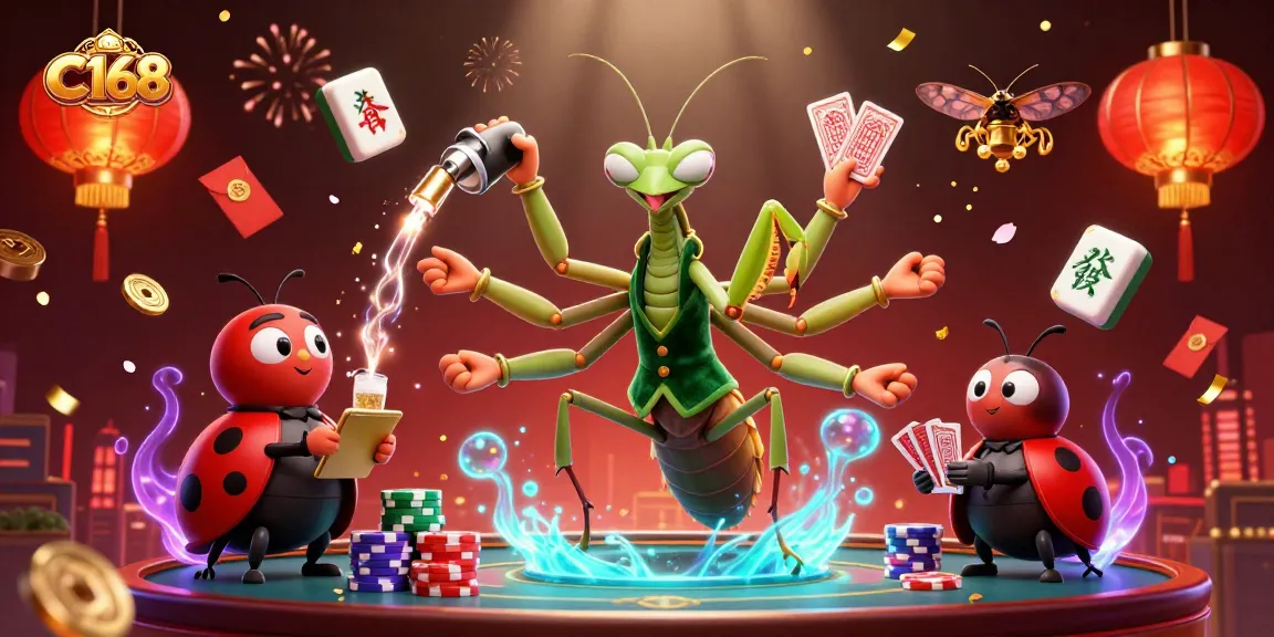 Experience thrilling gameplay with C168, featuring a dynamic giant praying mantis card sharp and lively casino elements.