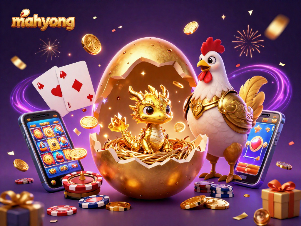 Spin and win with mahyong slots featuring golden dragon, poker chips, and vibrant game elements.