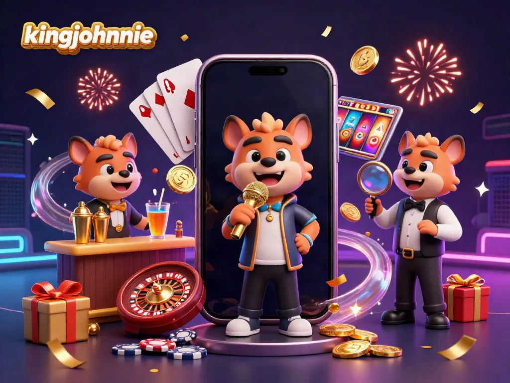 Engage with the lively atmosphere of kingjohnnie's casino club through animated hyenas enjoying games and laughter.