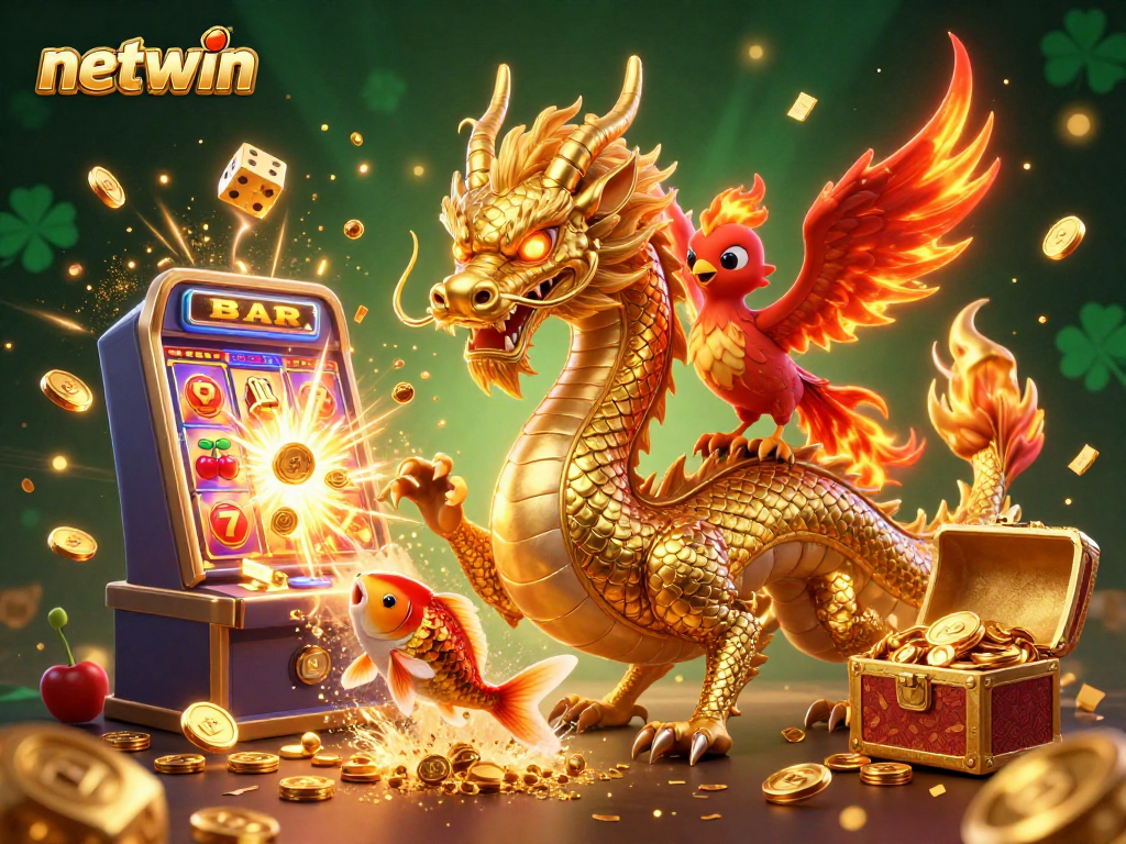 Immerse in netwin's thrilling online gaming with a vibrant 3D dragon and dynamic casino elements.