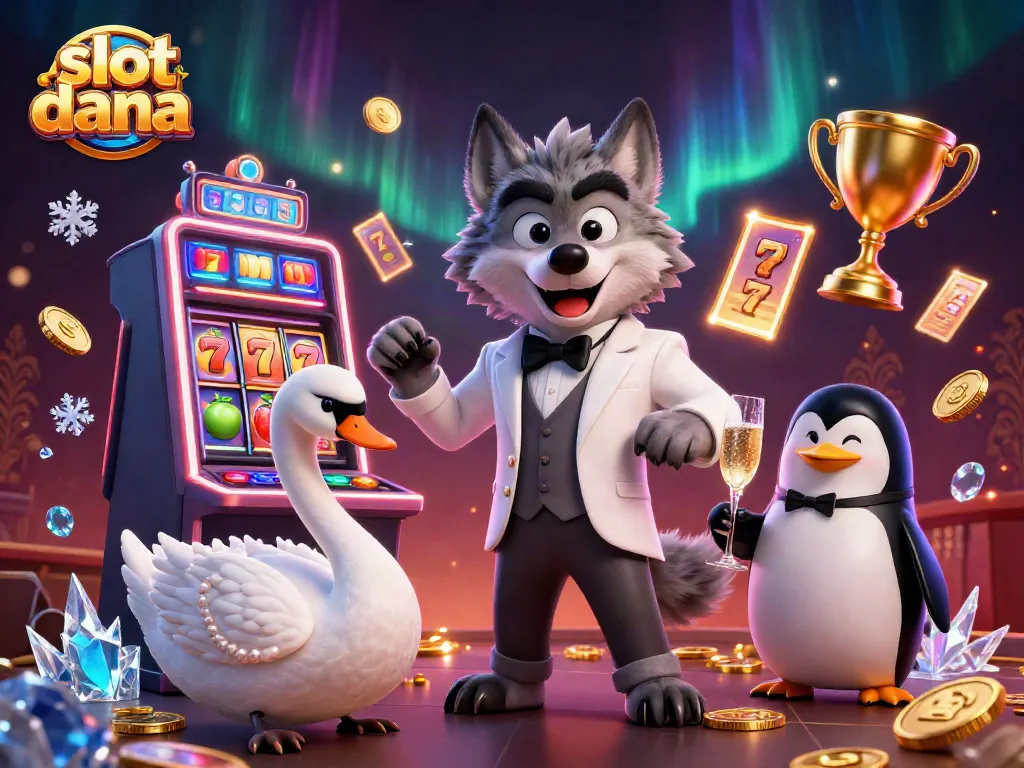 Slot dana menampilkan serigala dan angsa dalam suasana kasino, memperlihatkan mesin slot berkilau.