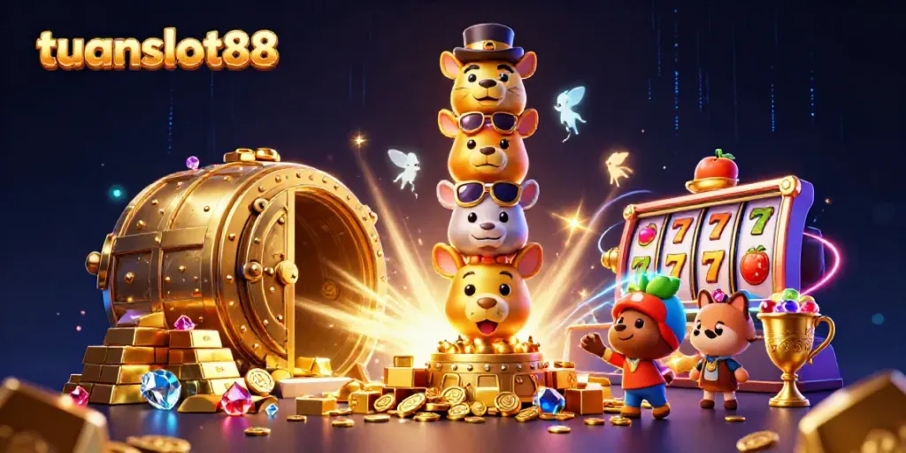 Perpaduan simbol permainan tuanslot88 dengan totem emas yang berkilauan dan harta karun menyerupai mesin slot.