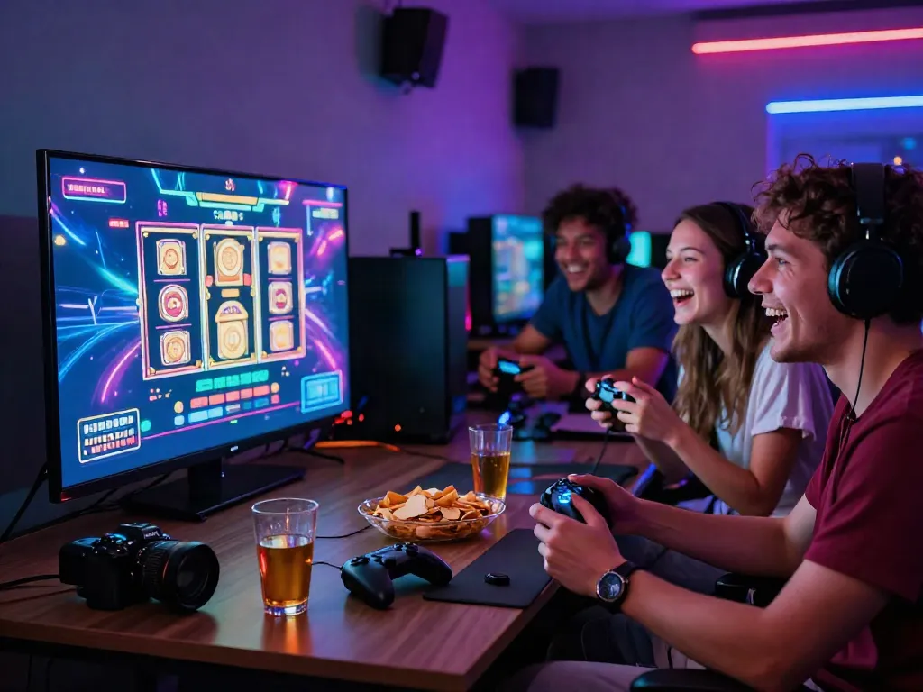 Teman-teman menikmati pengalaman bermain slot di ruang permainan modern dengan suasana ceria.