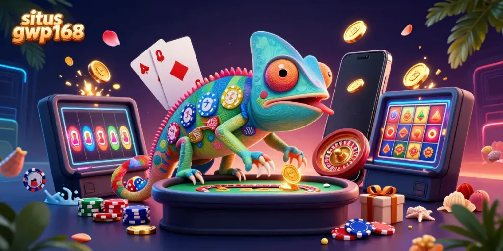Menghadirkan keseruan situs gwp168 dengan chameleon kasino raksasa yang menangkap koin emas.