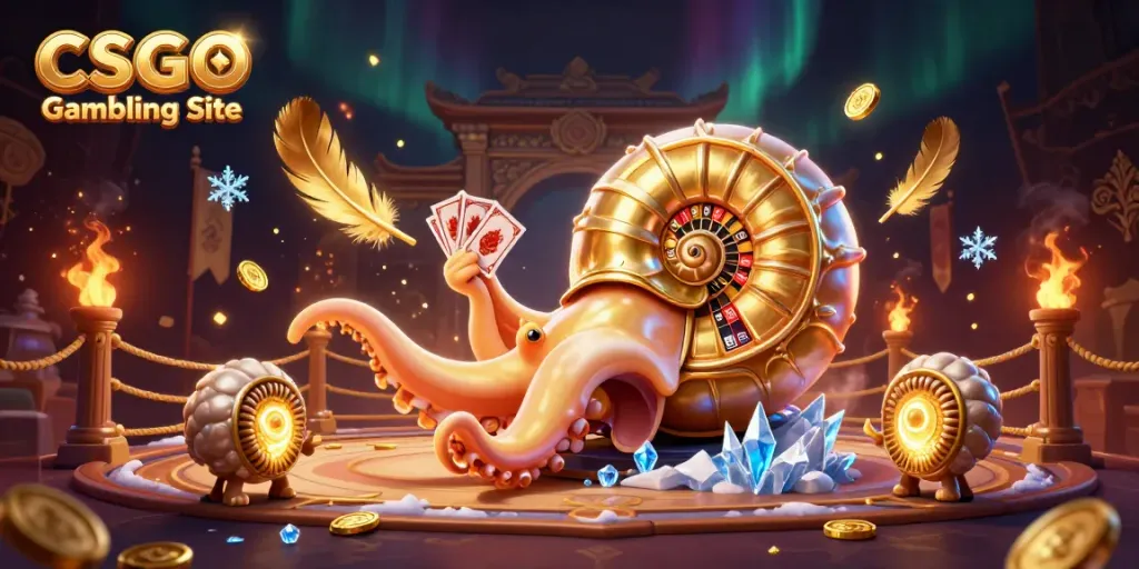 Dynamic scene showcasing a CSGO Gambling Site with a giant nautilus roulette wheel and glowing ammonite companions.