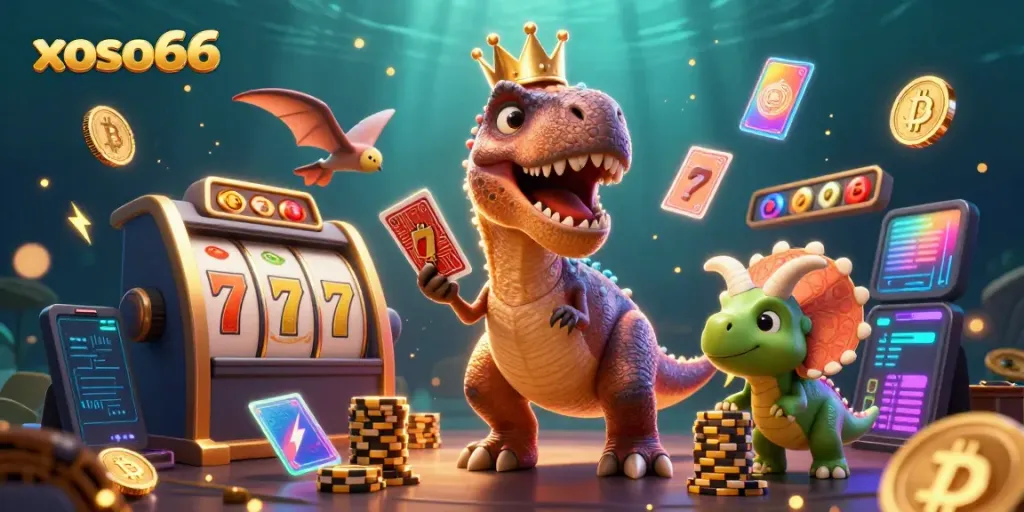 Join in on the fun at xoso66 with a playful T-Rex and friends engaging in lively casino games like slots and cards.