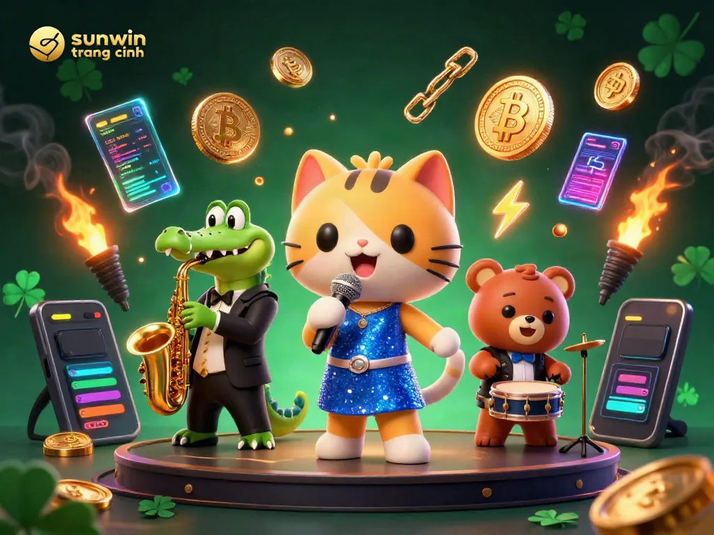 Experience excitement with sunwin trang chính, featuring lively characters on a casino stage