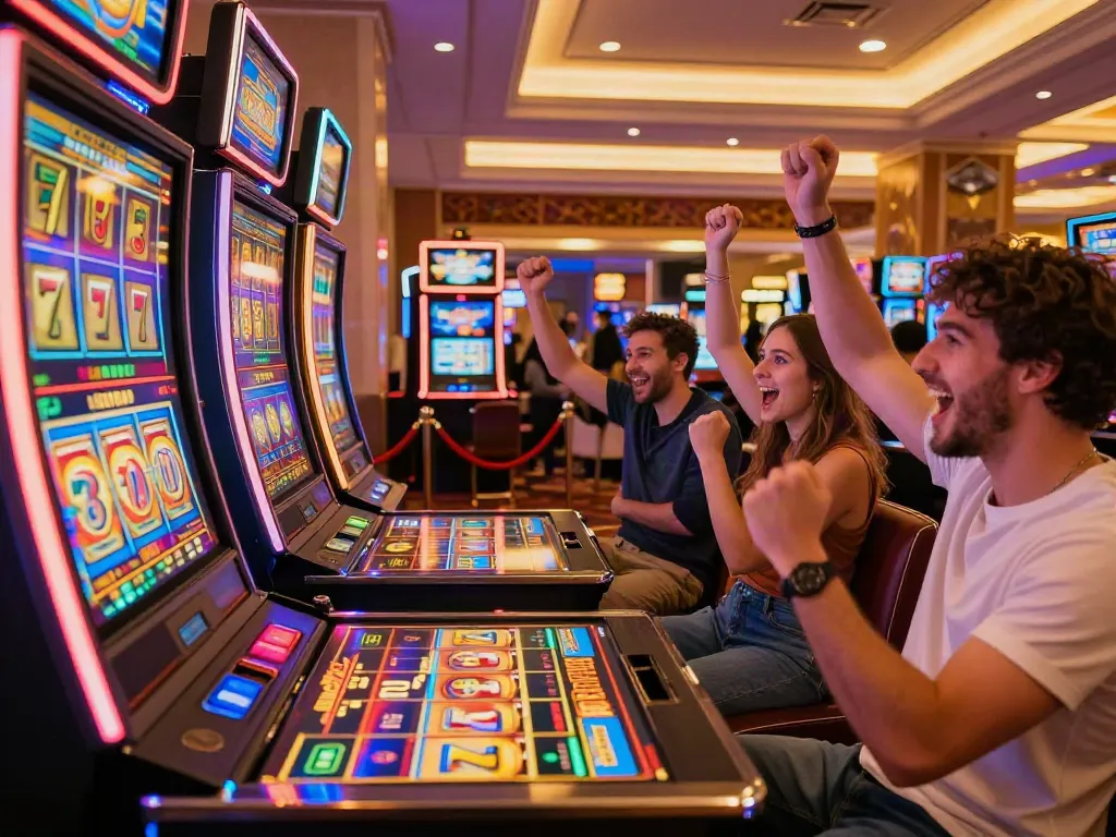 Friends celebrating a jackpot win at Lucky777 casino slot machines, vibrant atmosphere.