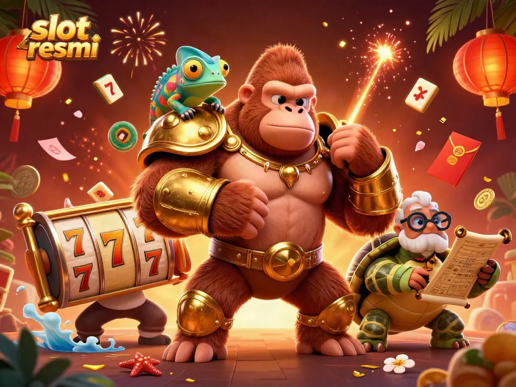 Engage with slot resmi as powerful characters celebrate winnings in a vibrant casino-themed scene.