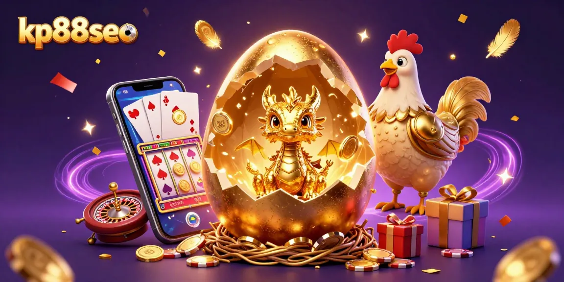 Engage in thrilling gaming at kp88seo with a gold dragon amidst poker chips and casino elements.