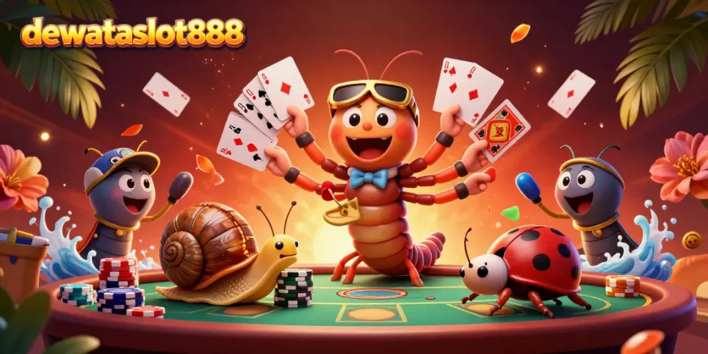 DEWATASLOT888 dealer kartun dengan kartu remi, chip, dan elemen kasino, menyajikan pengalaman bermain yang menarik.