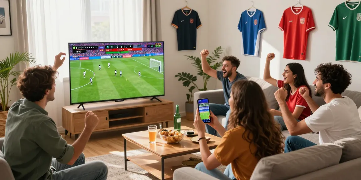 A joyful group watching a football match in a cozy living room, with رابط مباريات اليوم for live scores on a smartphone.