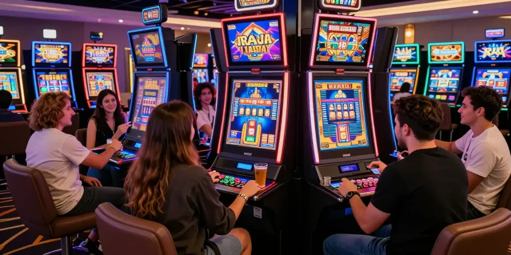 Exciting gameplay at raja slot machines with friends in a lively casino.