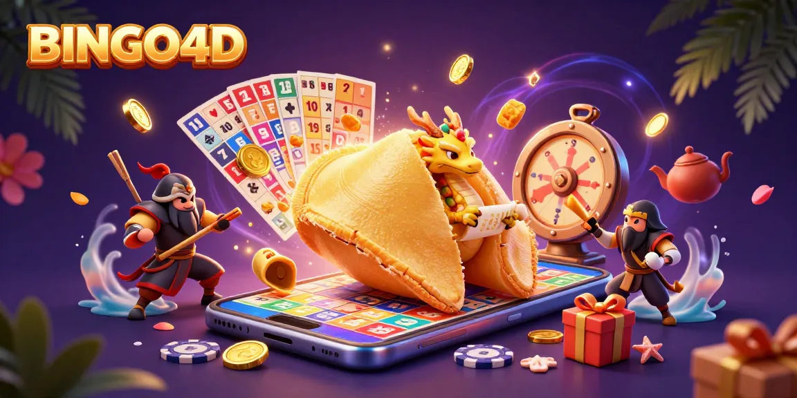 Mengikuti keseruan permainan BINGO4D dengan karakter unik seperti kue keberuntungan dan naga bijaksana dalam ilustrasi 3D