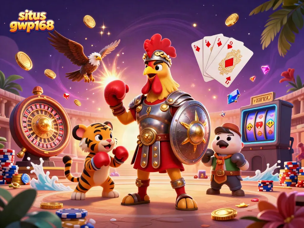 Situs gwp168 menyajikan ilustrasi menarik dengan karakter ayam jantan gladiator dan elemen perjudian