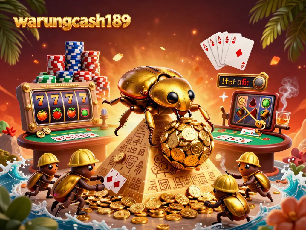 Warungcash189 offers players an exciting experience spinning slot reels within a golden coin pyramid.