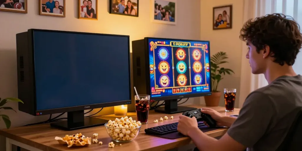 Excited player enjoying a slot game in a cozy living room.