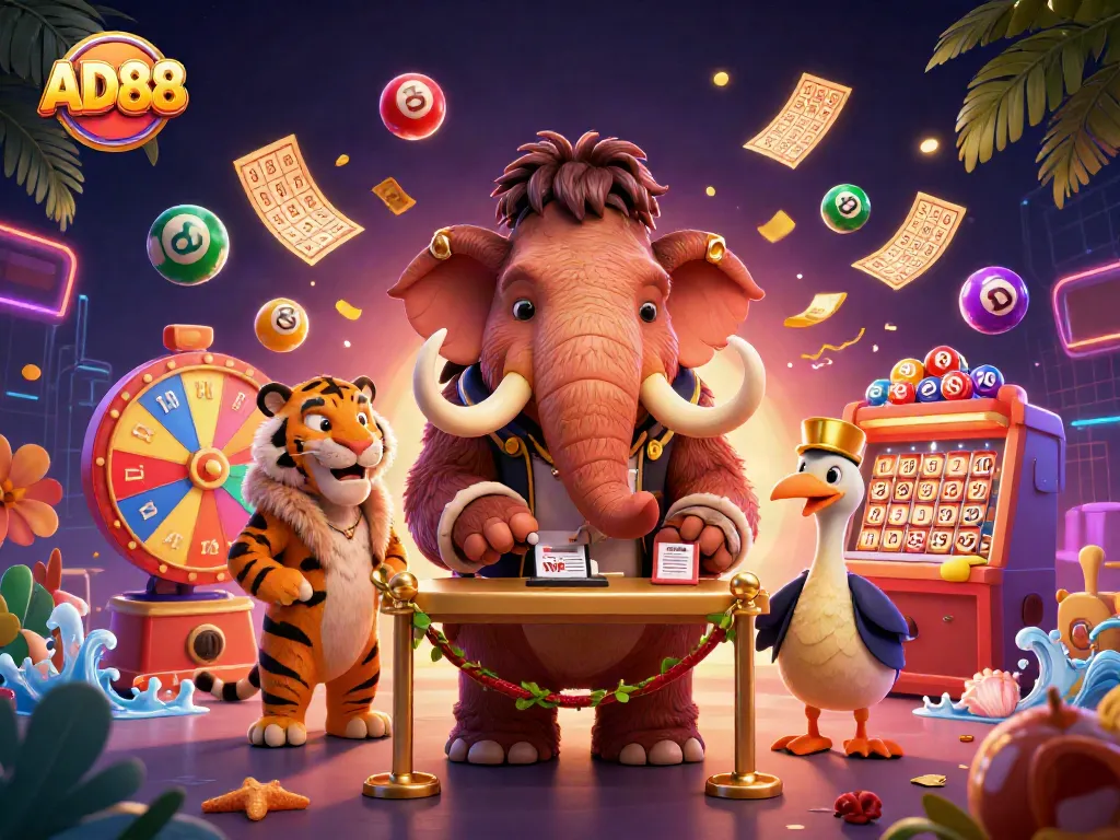 Engage with AD88 at an exciting casino, featuring a woolly mammoth bouncer and colorful lottery elements.