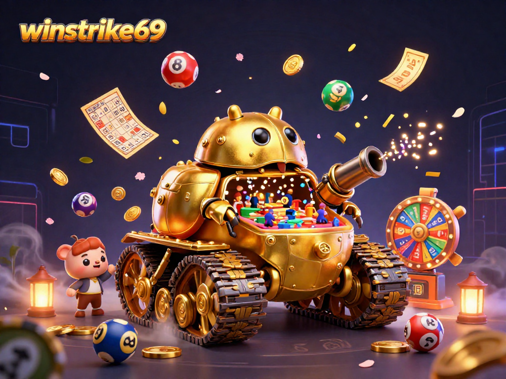 Play at winstrike69 with a golden beetle tank revealing a mini-casino amidst lottery chaos.